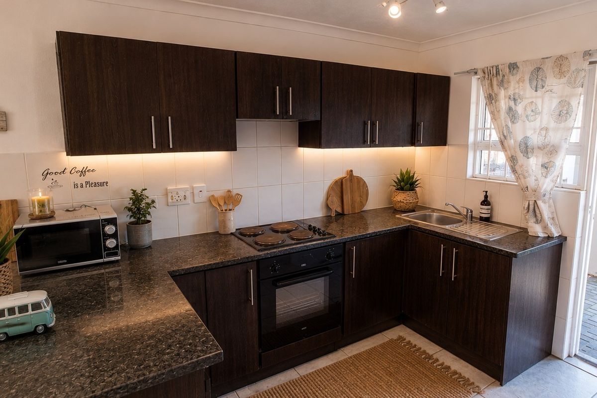 A well-maintained kitchen featuring dark wood cabinetry, granite countertops, built-in oven, electric hob, and direct access to an outdoor paved area.