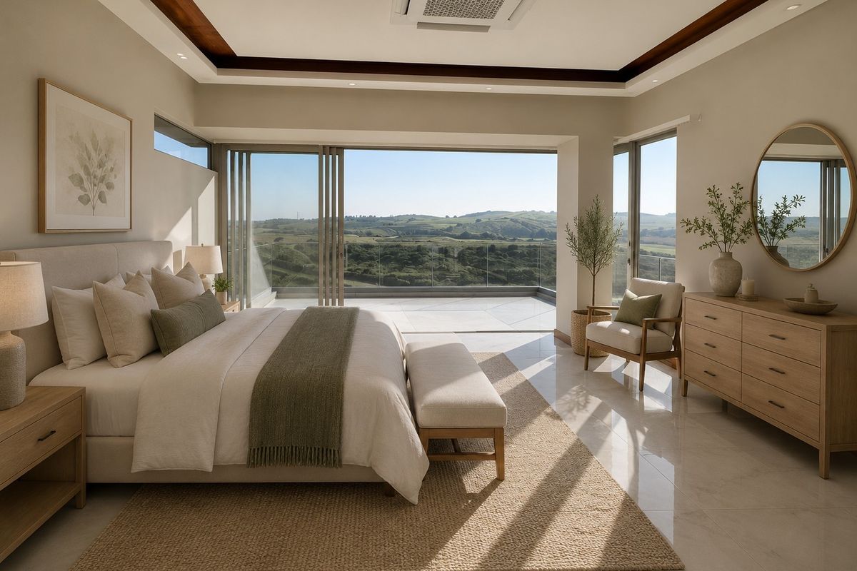 A spacious, modern bedroom featuring a tray ceiling, recessed lighting, ducted air conditioning, and large sliding glass doors opening to a scenic balcony.