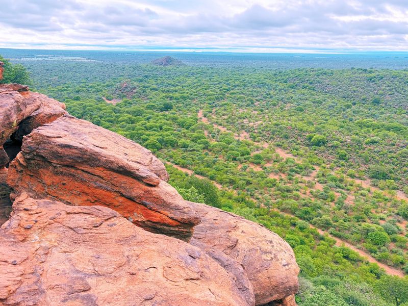 Expansive elevated landscape view overlooking a vast green bushveld valley from a rocky outcrop.