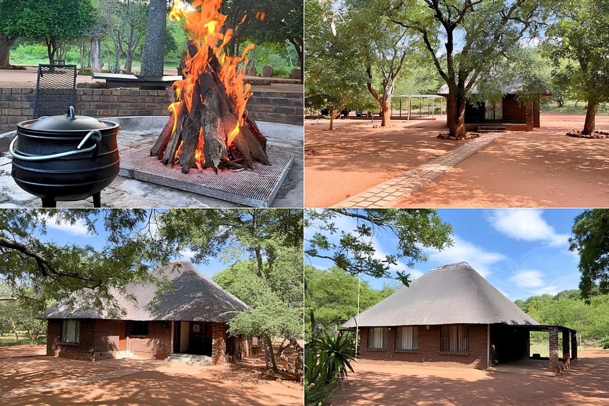 A collection of exterior views of a rustic farm property featuring traditional thatched roof brick buildings and an outdoor fire pit area.