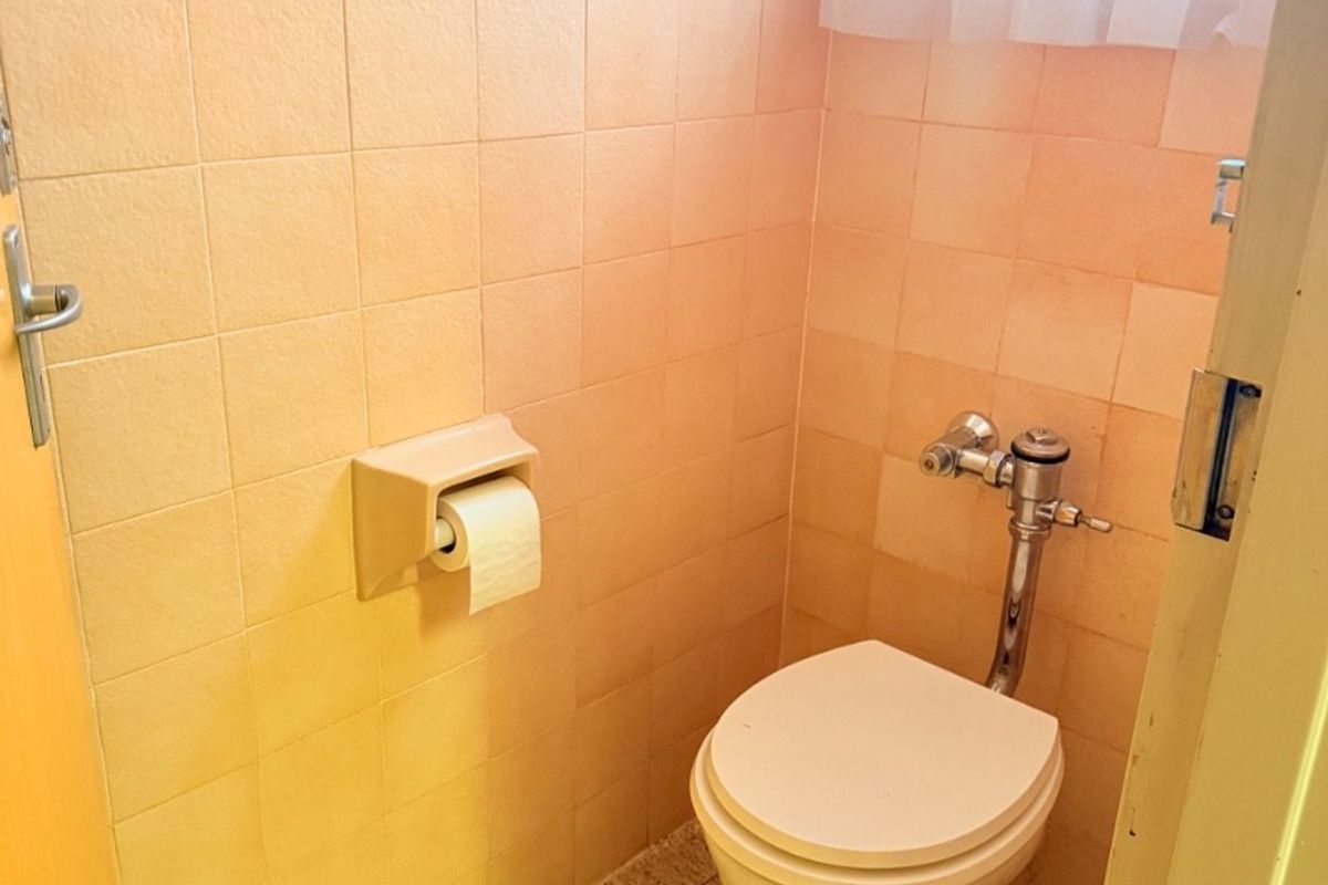 A compact, dated bathroom featuring a standard toilet with a flush valve and peach-toned wall tiles.