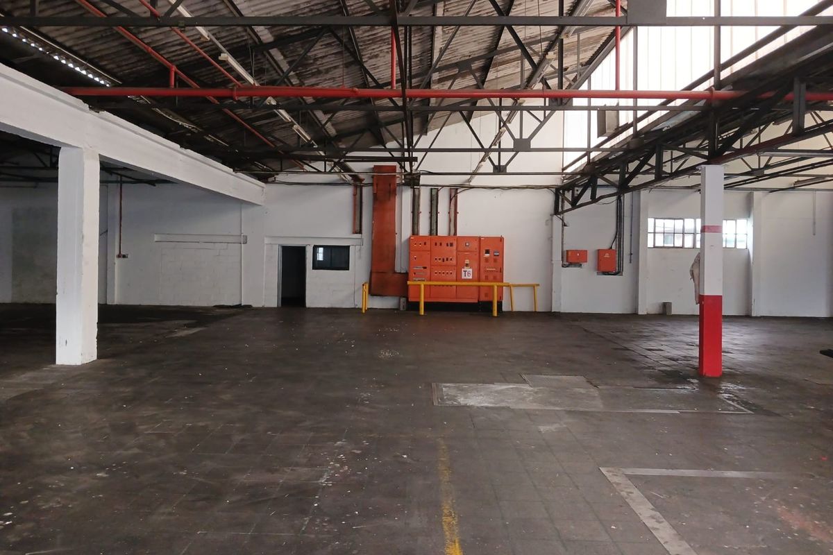 Spacious industrial warehouse featuring high ceilings, exposed steel trusses, fire suppression piping, and a dedicated electrical distribution board.