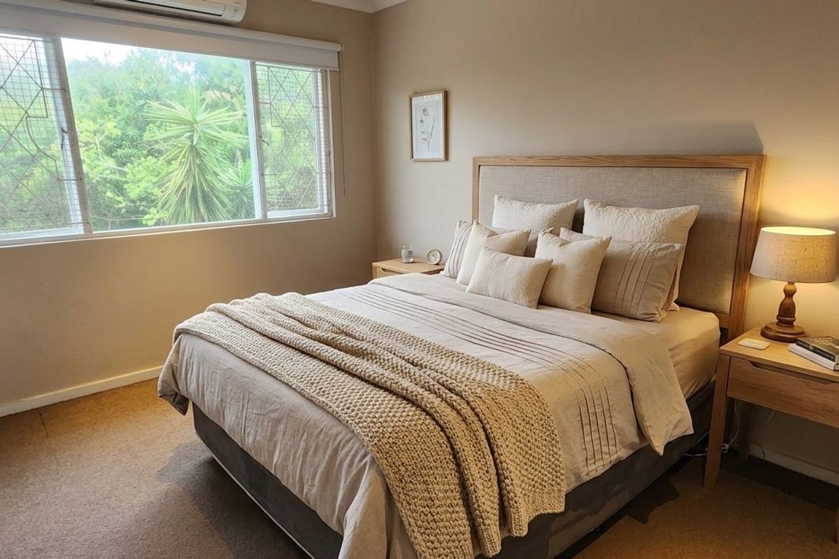 A comfortable bedroom featuring carpet flooring, a wall-mounted split-system air conditioner, and a large window with security bars overlooking greenery.