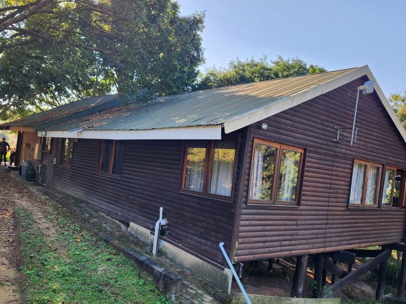 Side view of a timber log cabin structure featuring a corrugated metal roof, timber frame windows, and elevated stilt foundation.