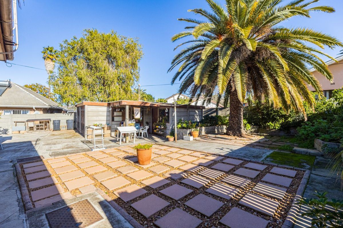 Rear garden area featuring a paved patio, mature palm tree, and a detached outbuilding structure.