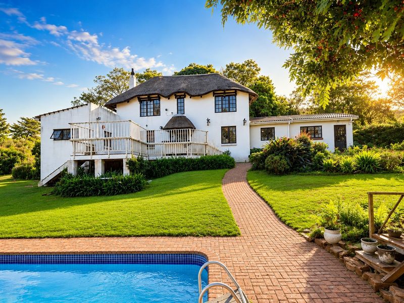Rear view of a charming thatched-roof house featuring a swimming pool, brick pathway, and elevated wooden deck overlooking a lush garden.