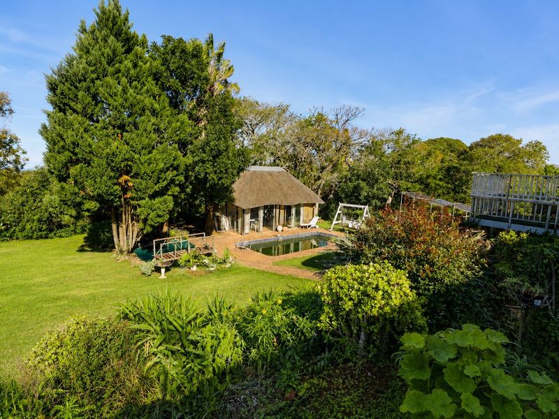 A lush garden setting featuring a swimming pool, a thatched-roof structure, and mature trees, offering a tranquil outdoor entertainment space.