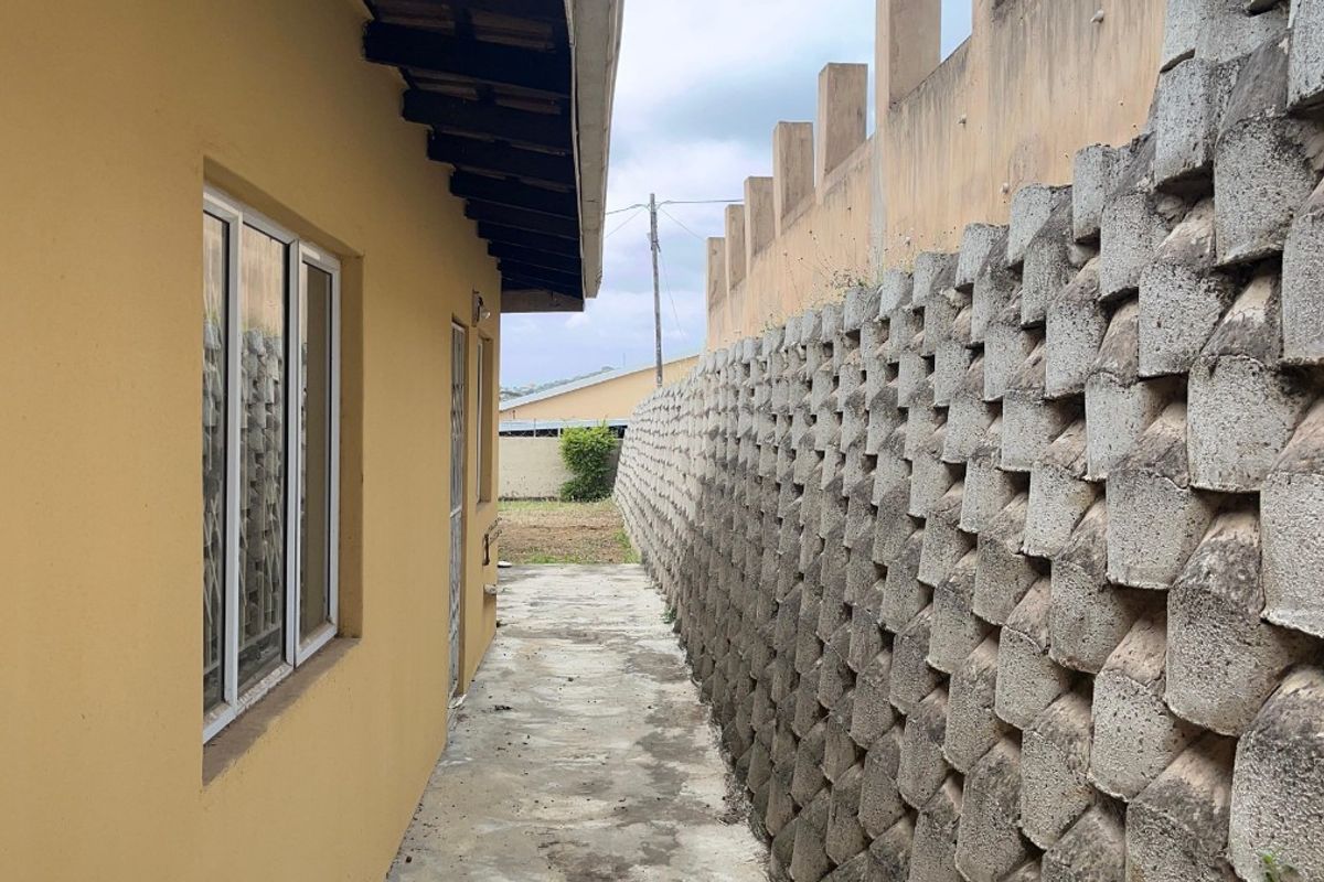 A narrow side exterior pathway featuring a concrete walkway bordered by a substantial textured concrete block retaining wall and the side of the house.