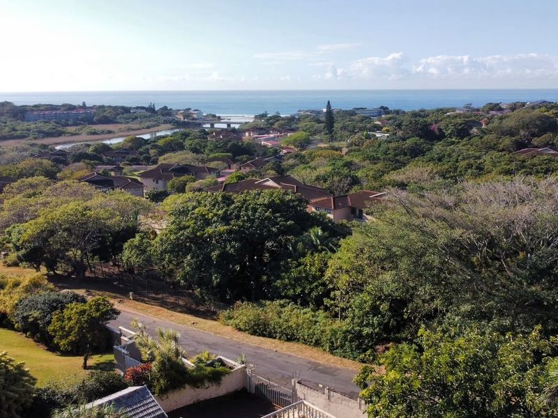 An elevated aerial view showcasing the surrounding coastal landscape, lush greenery, and residential neighborhood.