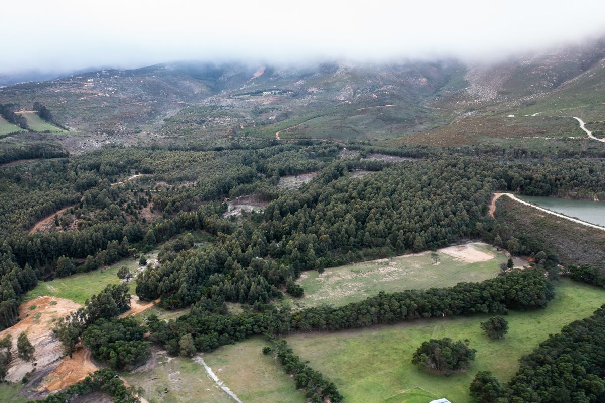 An aerial view of a large vacant residential plot featuring natural forest, open grassy areas, and mountain views.