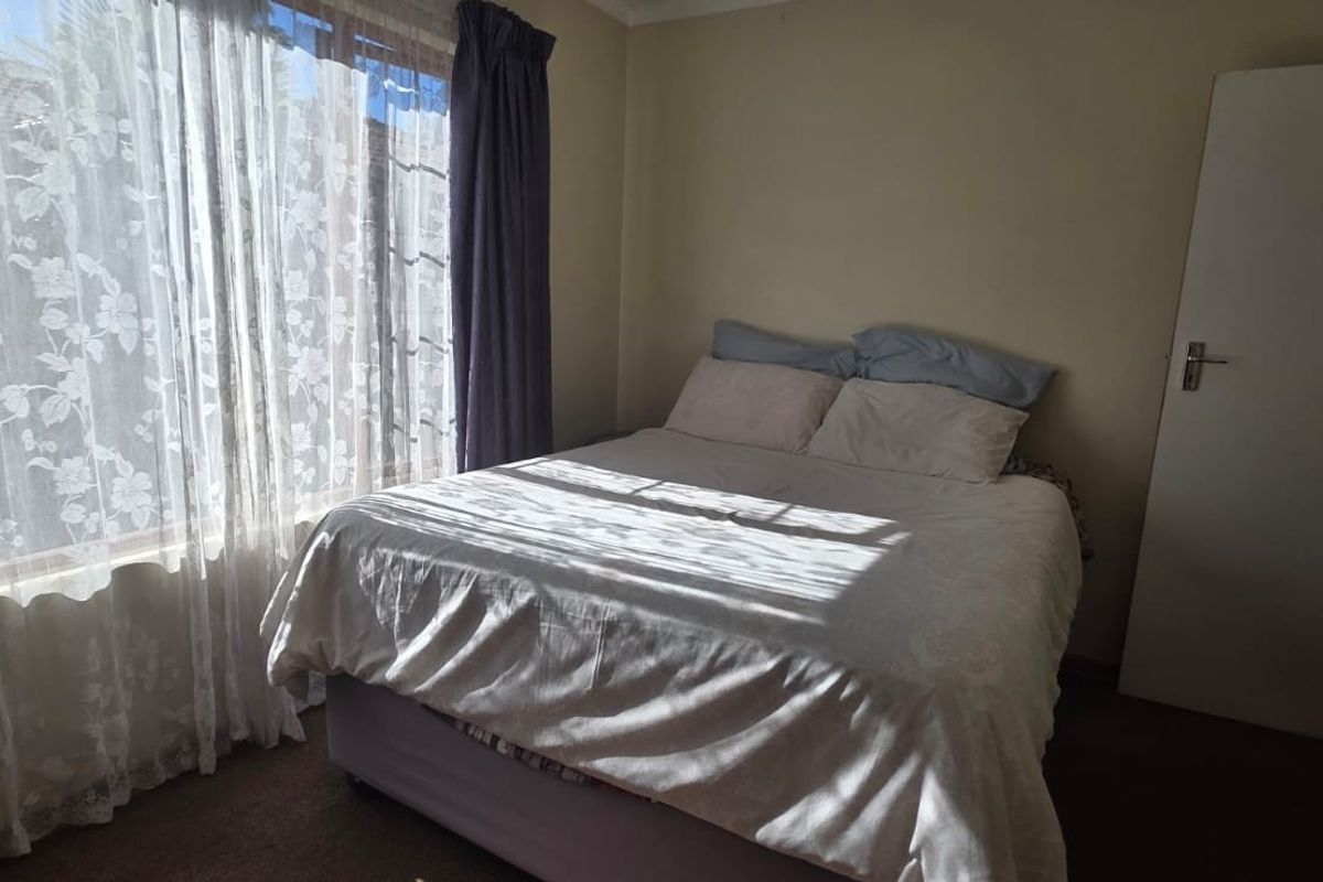 A standard bedroom featuring carpeted flooring, a large window with natural light, and a neutral wall finish.