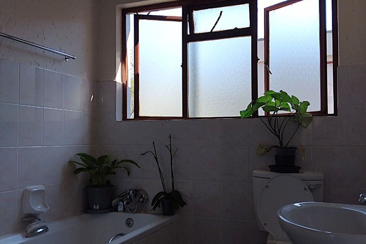 A functional bathroom featuring a bathtub, pedestal basin, and toilet, with natural light provided by a large window.