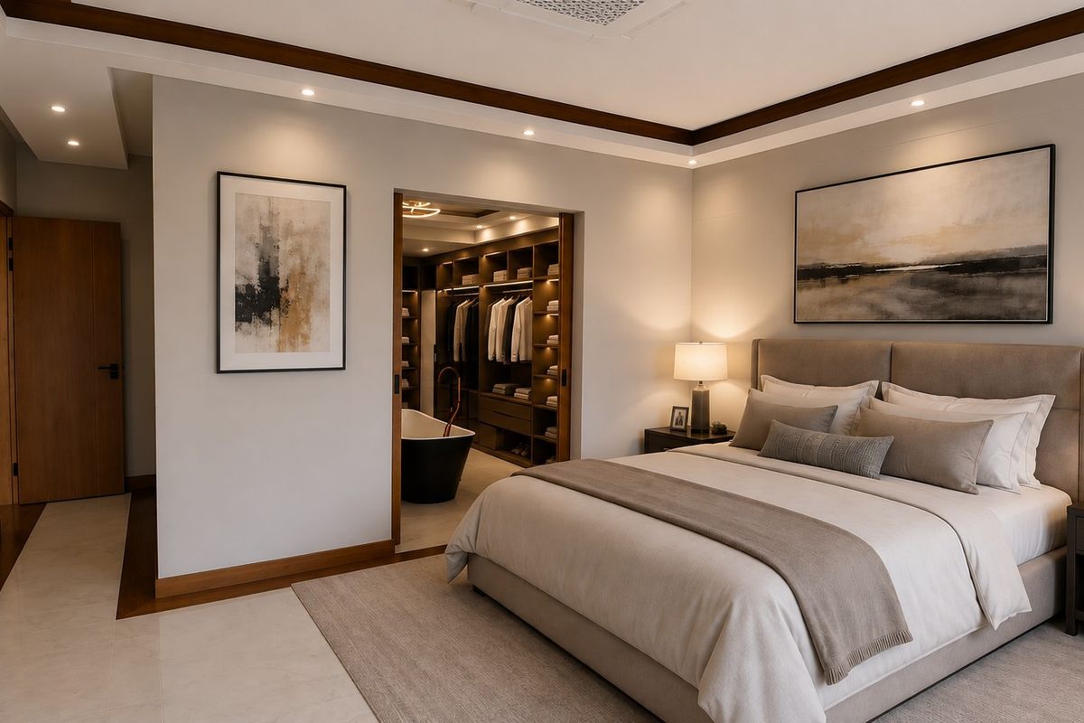 A sophisticated primary bedroom featuring recessed ceiling lighting, crown molding, and an integrated walk-in closet with an en-suite soaking tub.
