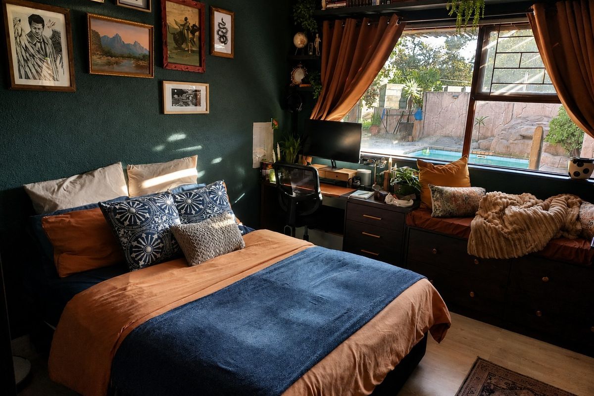 A cozy bedroom featuring a built-in desk and window seat, with direct views of the outdoor pool area.