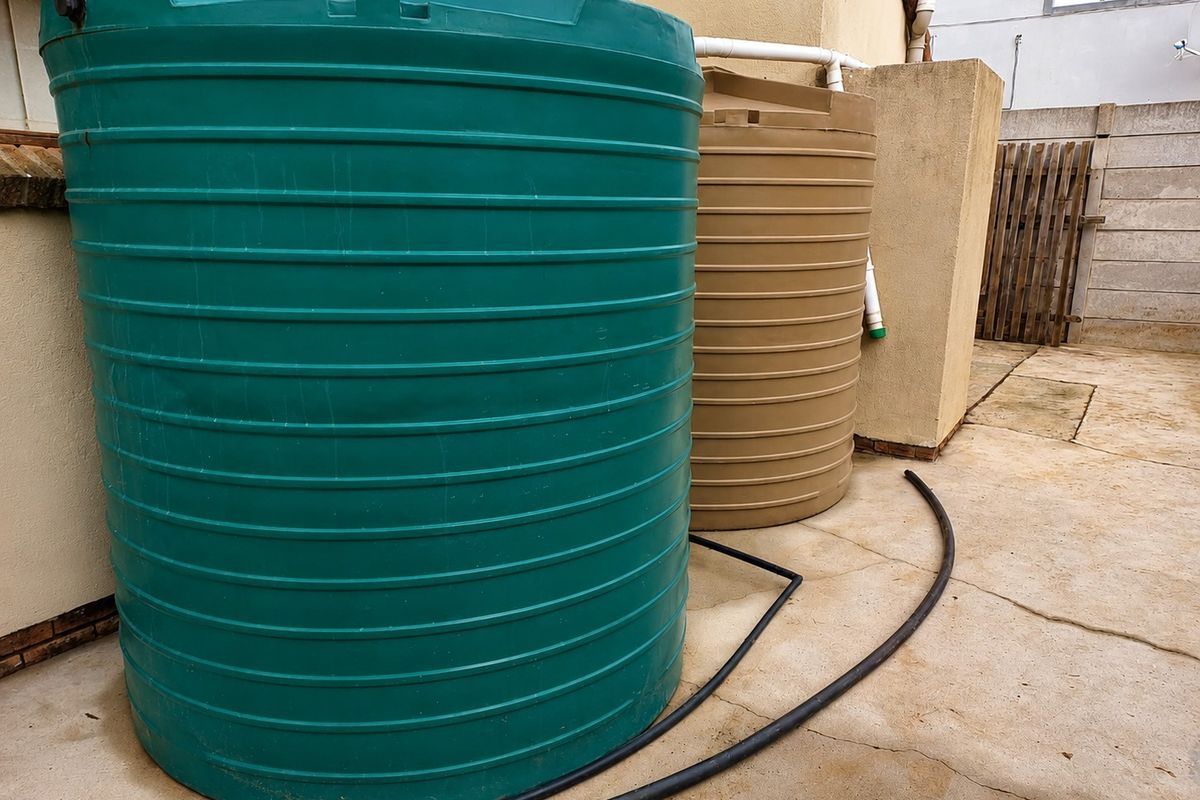 Rear exterior area featuring two large water storage tanks connected to the property's plumbing system on a concrete paved surface.