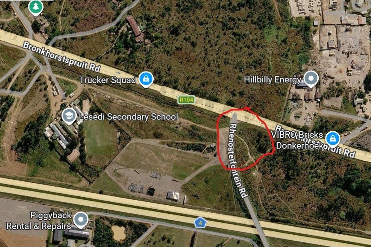 Aerial view of the vacant land parcel located at the intersection of Rhenosterfontein Road and Bronkhorstspruit Road.