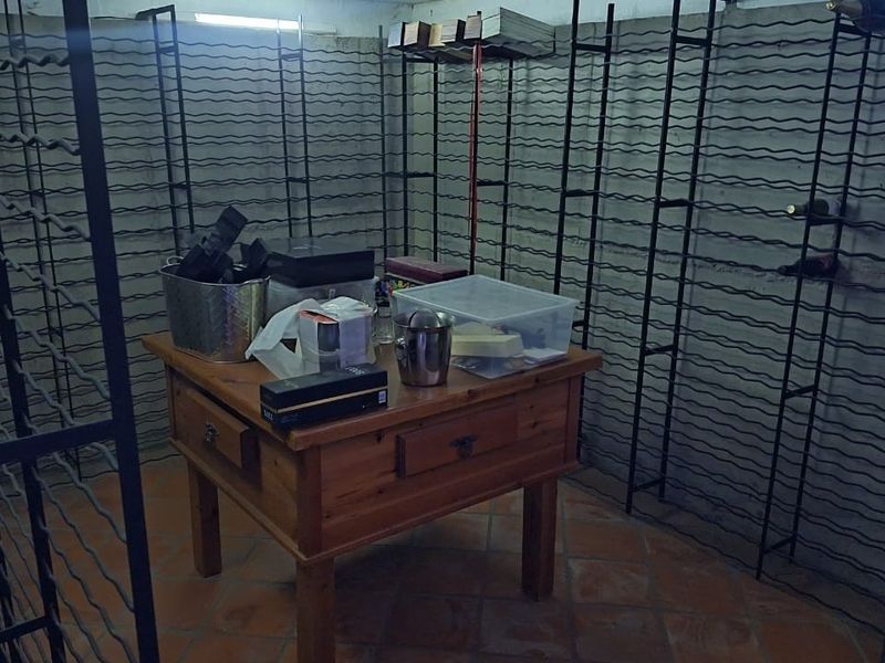 A dedicated wine cellar featuring extensive built-in metal wine racking systems and terracotta floor tiles.