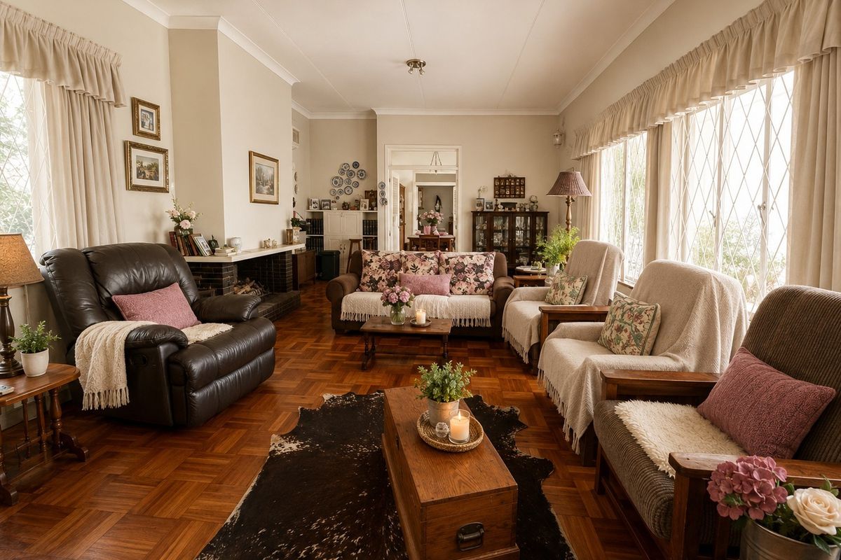 Spacious living room featuring classic parquet flooring, a brick fireplace, and large diamond-pattern leaded windows that provide ample natural light.