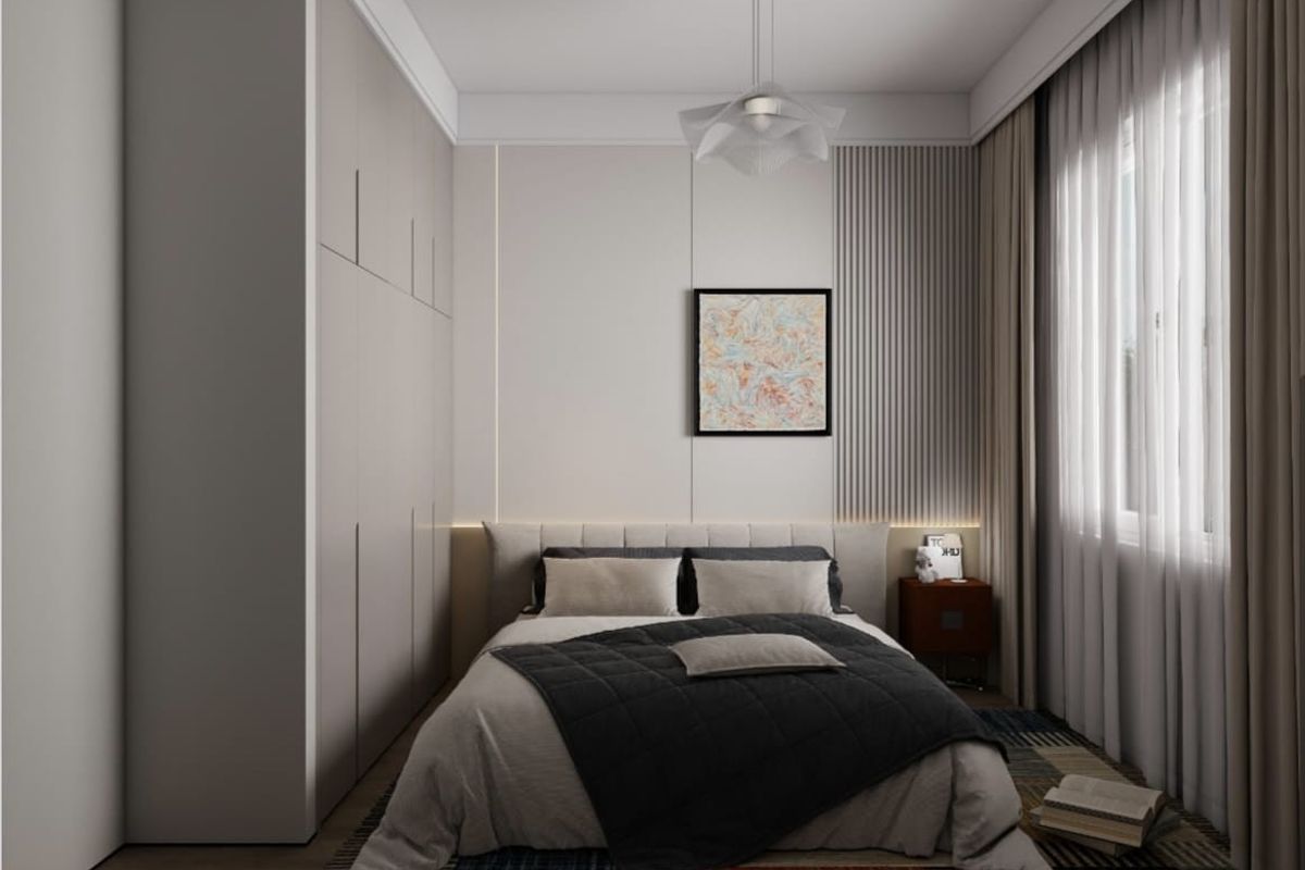 A modern, well-appointed bedroom featuring floor-to-ceiling built-in wardrobes, decorative wall paneling, and integrated ambient lighting.