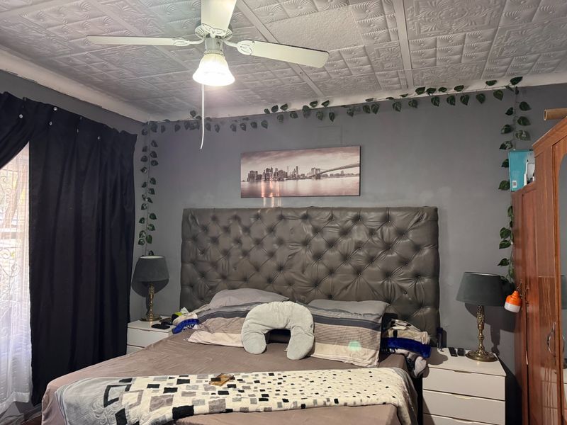 A bedroom featuring a decorative tiled ceiling and a central ceiling fan, with grey painted walls.