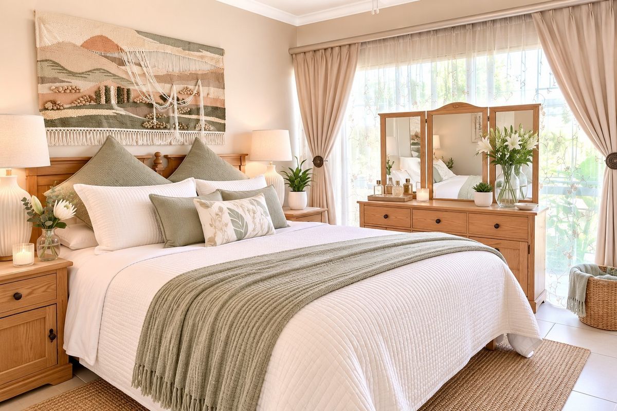 A well-maintained bedroom featuring neutral tones, tiled flooring, and large windows with integrated curtain tracks, creating a bright and inviting living space.