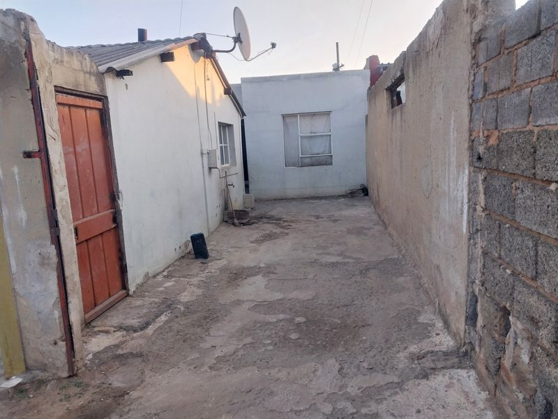 A narrow exterior rear courtyard area featuring concrete paving, exposed brick boundary walls, and access to the main dwelling structure.