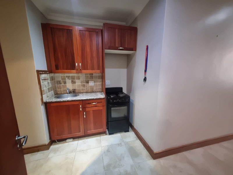 Compact kitchen area featuring wooden cabinetry, stone countertops, a stainless steel sink, tiled backsplash, and a freestanding stove.
