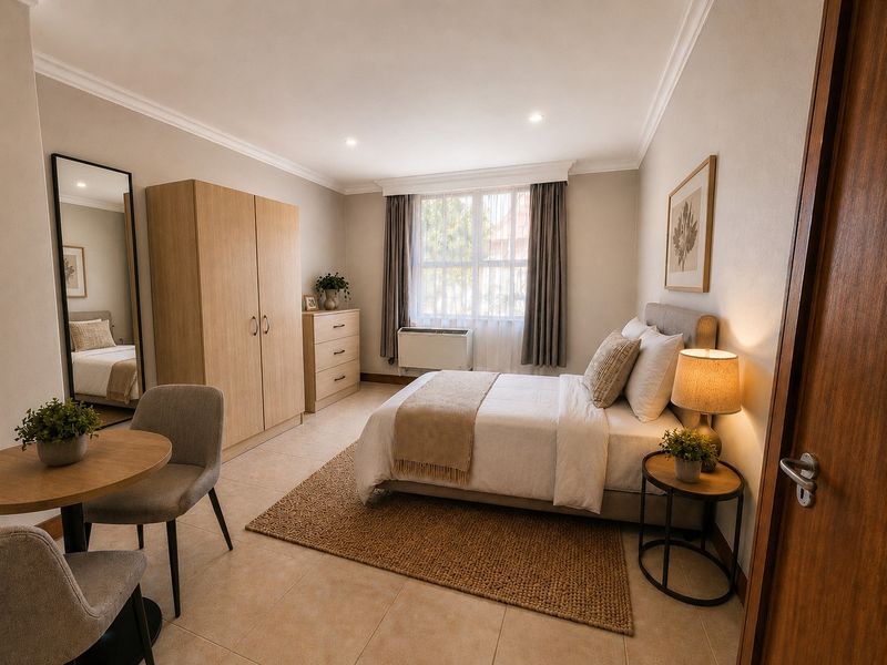A well-maintained bedroom featuring tiled flooring, built-in wardrobe, coving, and a window-mounted air conditioning unit, offering a comfortable and functional living space.