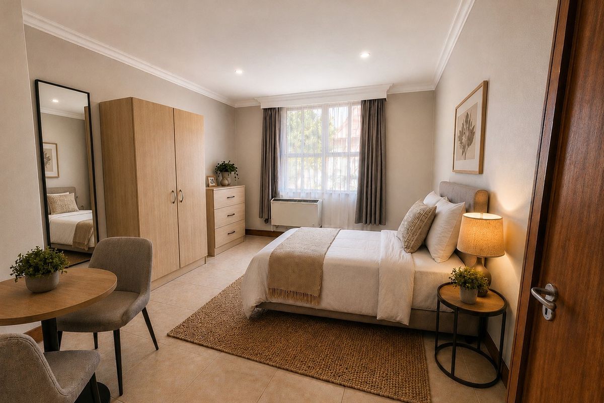 A well-maintained bedroom featuring tiled flooring, built-in wardrobe, coving, and a window-mounted air conditioning unit, offering a comfortable and functional living space.