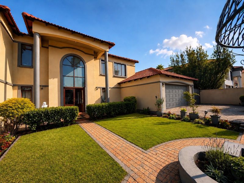 Front elevation of a two-story house featuring a terracotta tiled roof, arched entrance window, double garage, and a well-maintained front garden with paved walkway.
