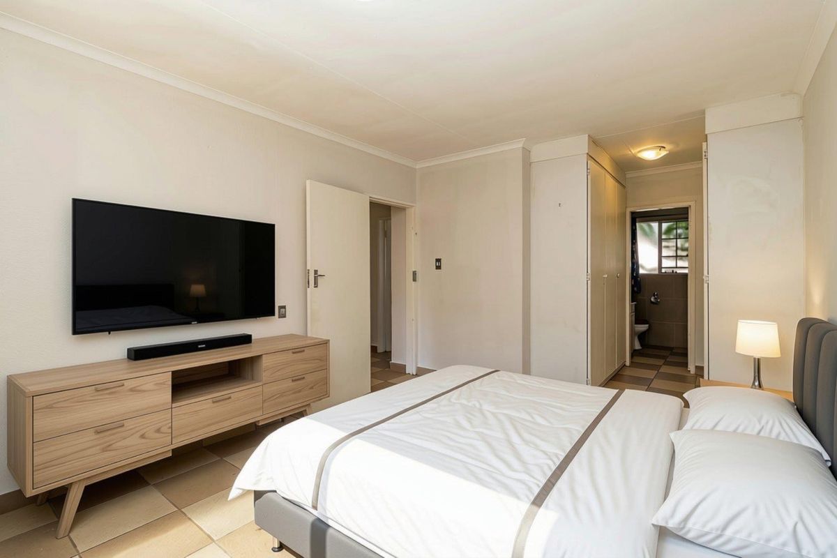 A well-lit bedroom featuring built-in cupboards, tiled flooring, and an en-suite bathroom access.