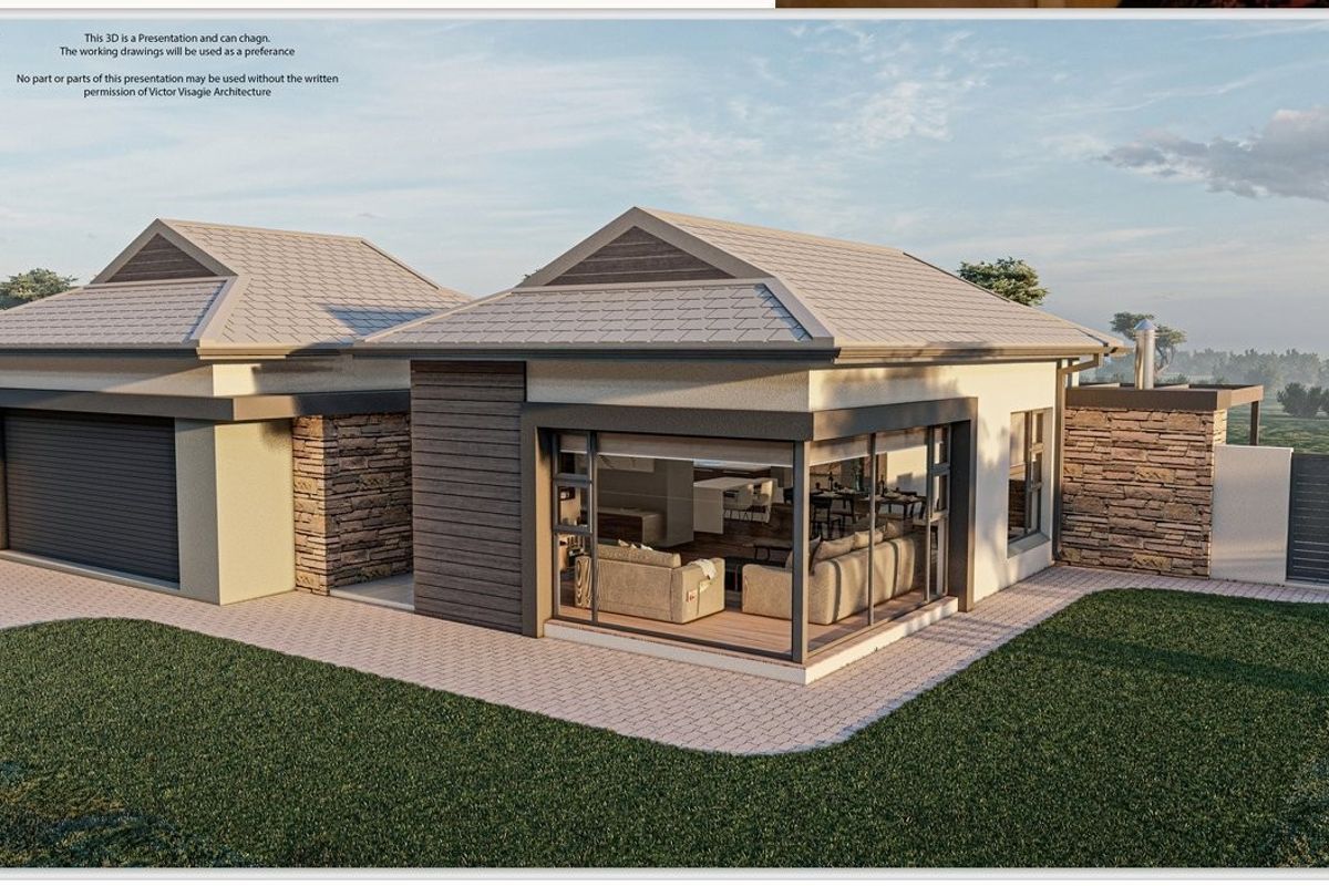 A 3D architectural rendering of a modern residential property featuring a tiled roof, stone cladding, and large glass sliding doors opening to the garden.