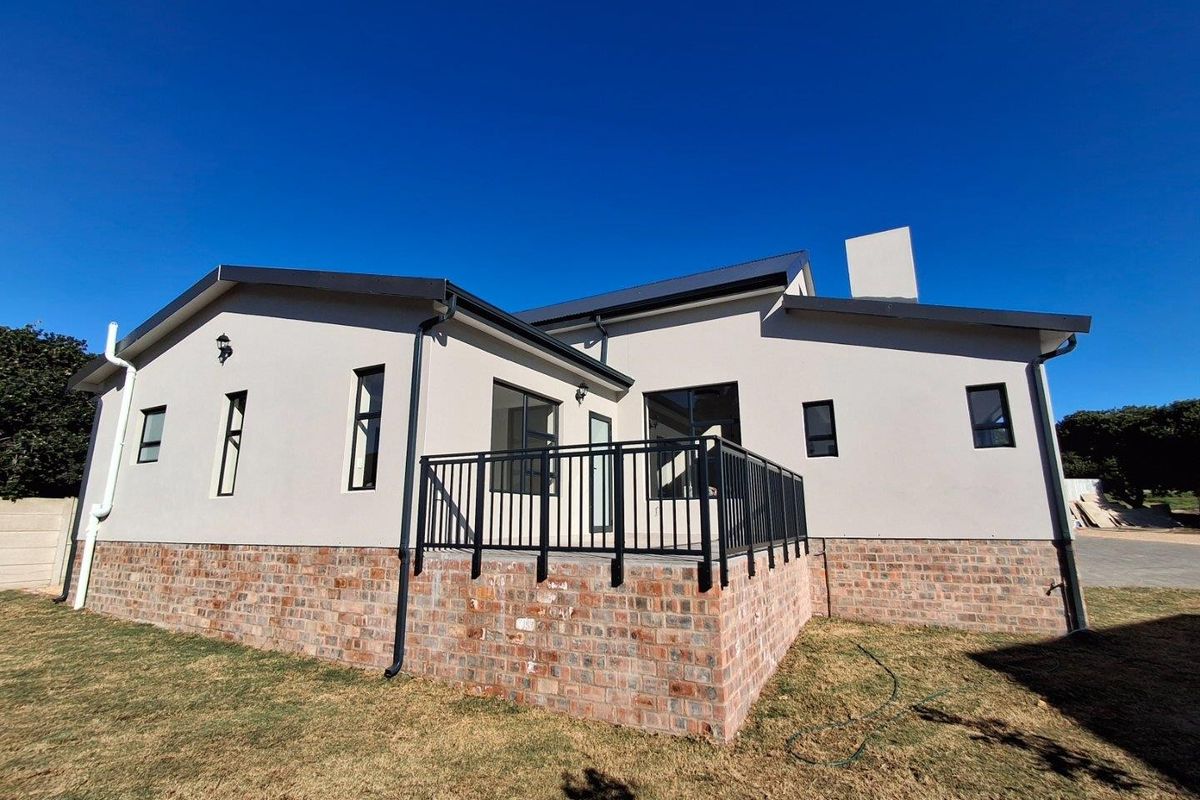 Rear exterior view of the house featuring a raised brick-base patio with black metal railings, modern windows, and a clean rendered facade.