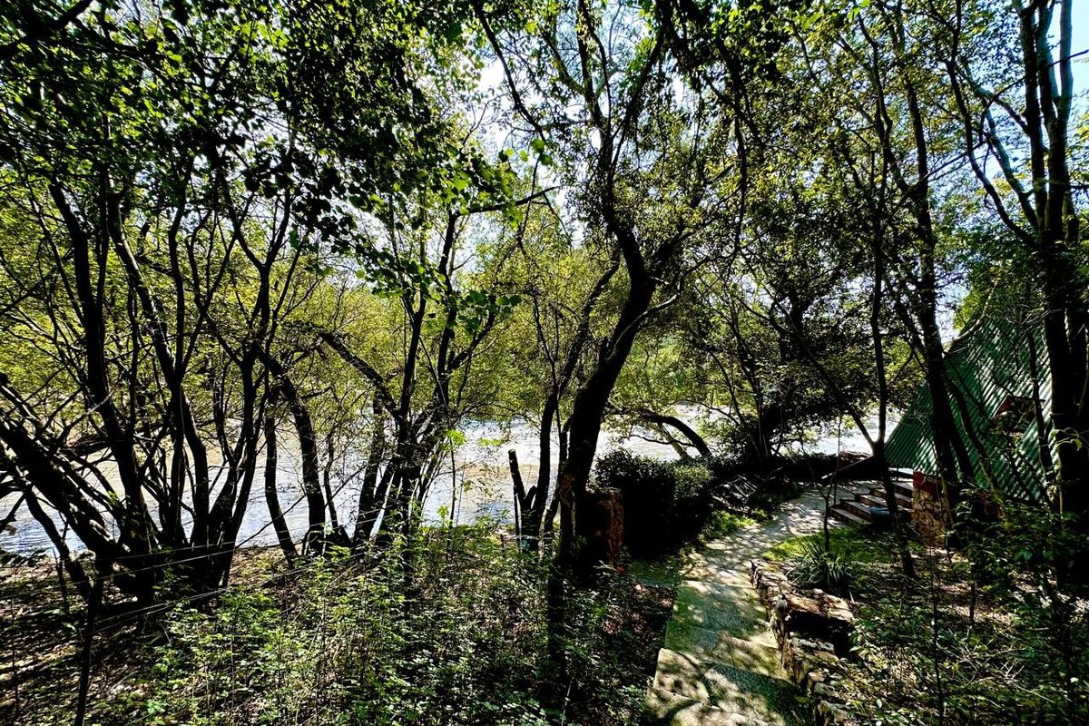 A scenic garden path winding through mature trees, leading towards a riverbank area on the farm property.