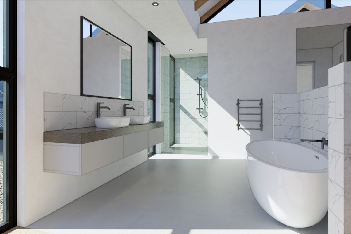 Modern bathroom featuring a double vanity, freestanding bathtub, walk-in shower, and high-end finishes with natural light.