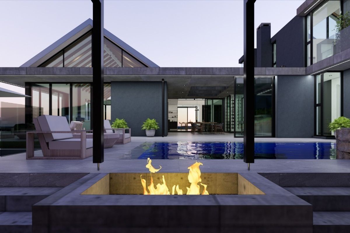 Modern architectural rear exterior featuring a swimming pool, integrated fire pit, and expansive glass sliding doors connecting to the interior living spaces.