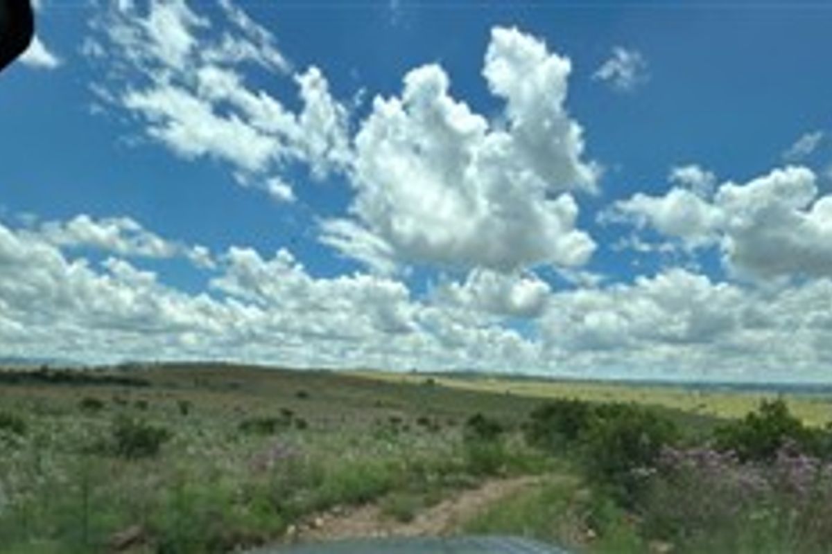A wide-angle view of the expansive, undeveloped residential land featuring natural vegetation and open terrain under a clear blue sky.
