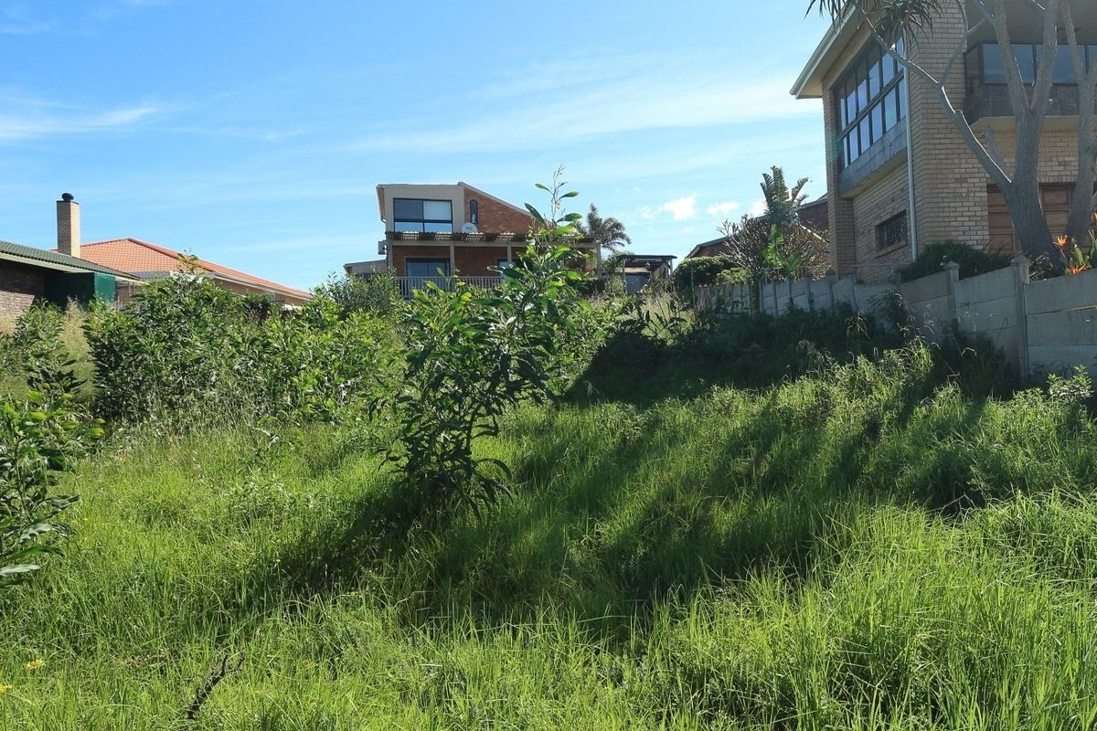 A view of a vacant residential plot featuring overgrown grass and a precast concrete boundary wall, surrounded by established neighboring properties.