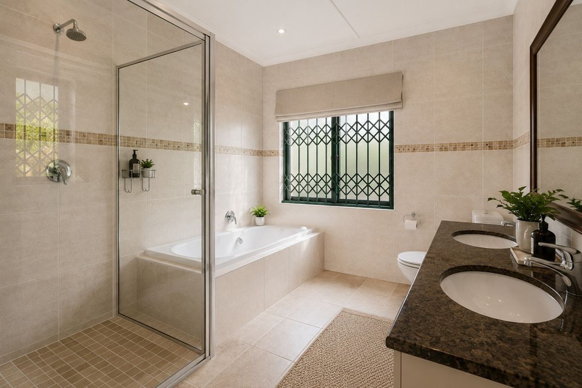A well-maintained bathroom featuring a glass-enclosed shower, a built-in bathtub, and a double vanity with a granite countertop.