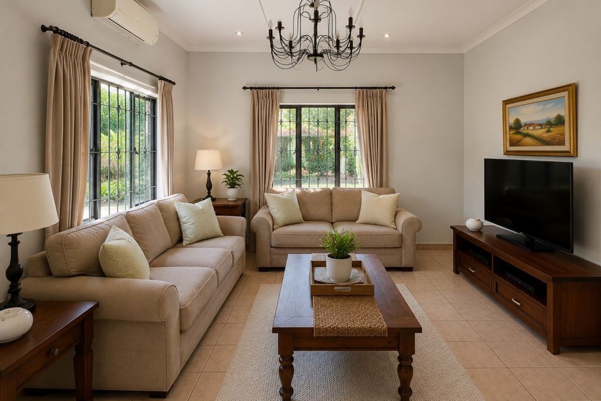 A well-maintained living room featuring tiled flooring, recessed lighting, a decorative chandelier, and a wall-mounted split-system air conditioner.