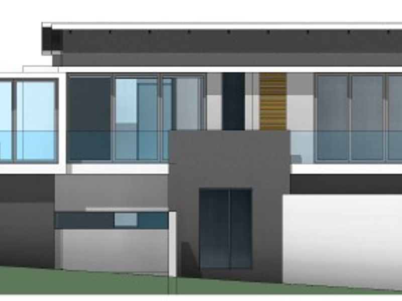 A modern architectural rendering of a multi-level residential facade featuring clean lines, large glass sliding doors, and a contemporary skillion roof design.