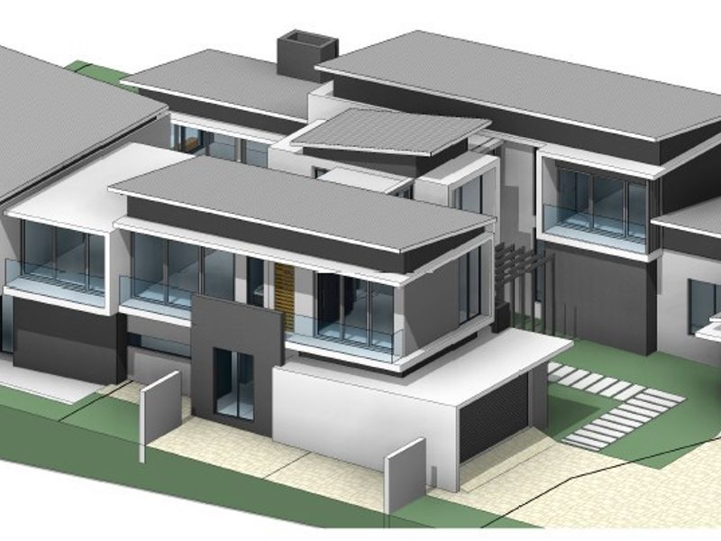 A 3D architectural rendering showing the exterior design, roof structure, and layout of a modern multi-level residential property.