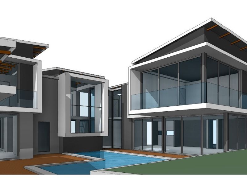 A 3D architectural rendering of a modern luxury home featuring a swimming pool, expansive glass sliding doors, and contemporary balcony balustrades.