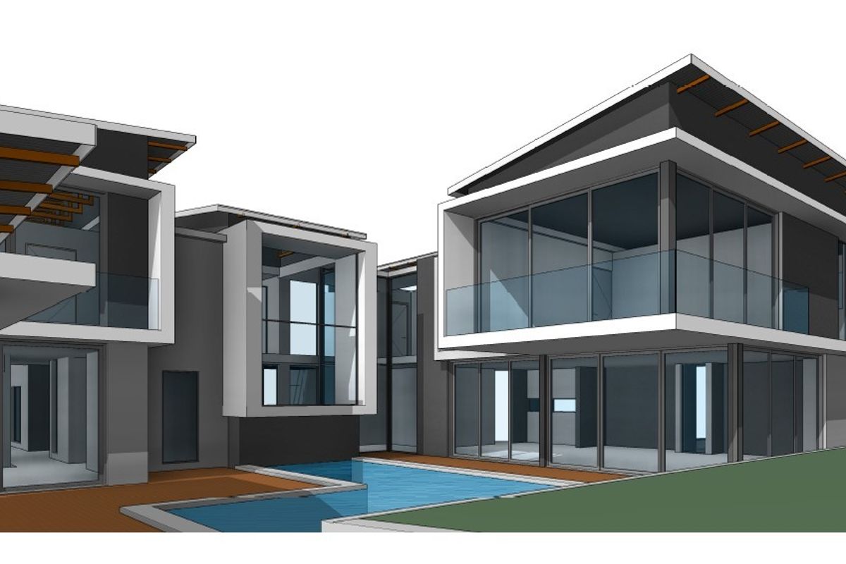 A 3D architectural rendering of a modern luxury home featuring a swimming pool, expansive glass sliding doors, and contemporary balcony balustrades.