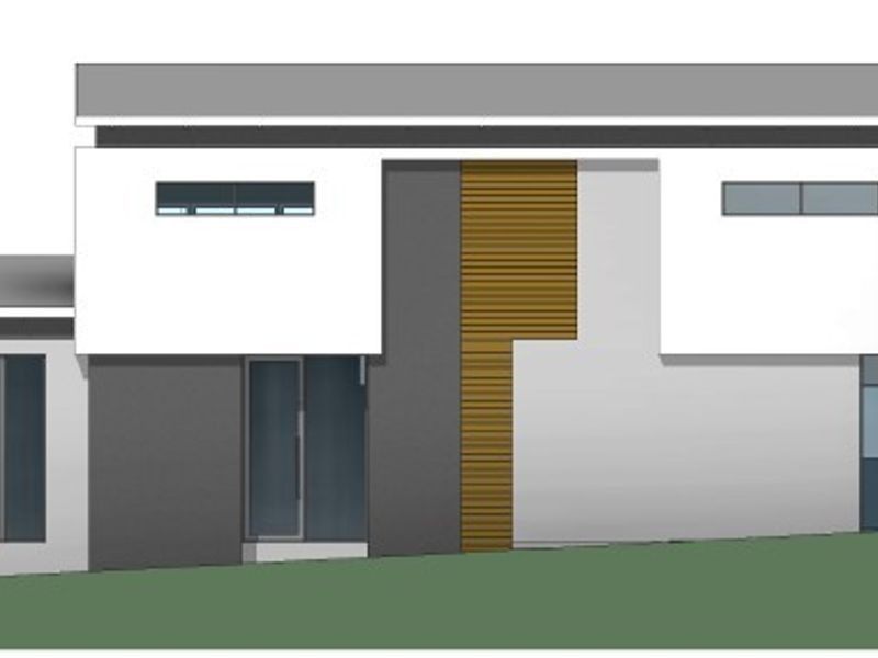 A modern architectural elevation rendering showcasing a multi-level home with clean lines, timber accents, and large glass windows.