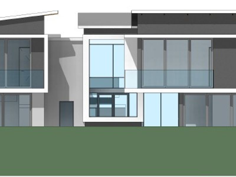 A modern architectural rendering of the rear elevation featuring expansive glass sliding doors, sleek balconies with glass balustrades, and a contemporary multi-level roof design.