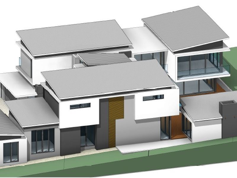 A 3D architectural rendering showing the modern multi-level design, roof structure, and exterior layout of the property.