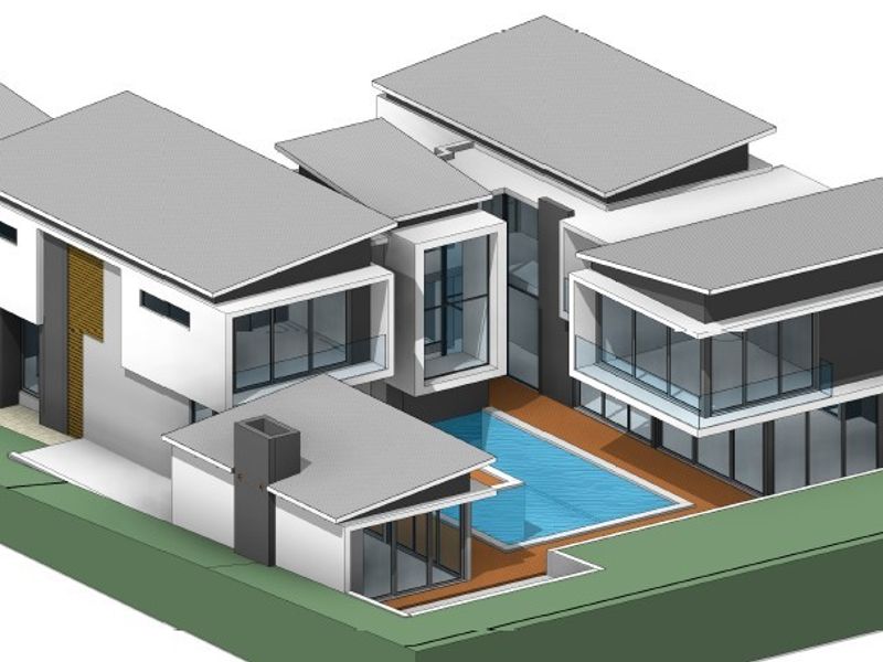 A 3D architectural rendering of a modern multi-level residential property featuring a swimming pool, deck, and contemporary roof design.