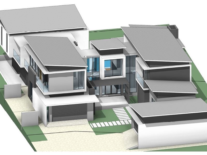A 3D architectural rendering of a modern multi-level residential property featuring a contemporary design, pitched roofs, and integrated garage space.