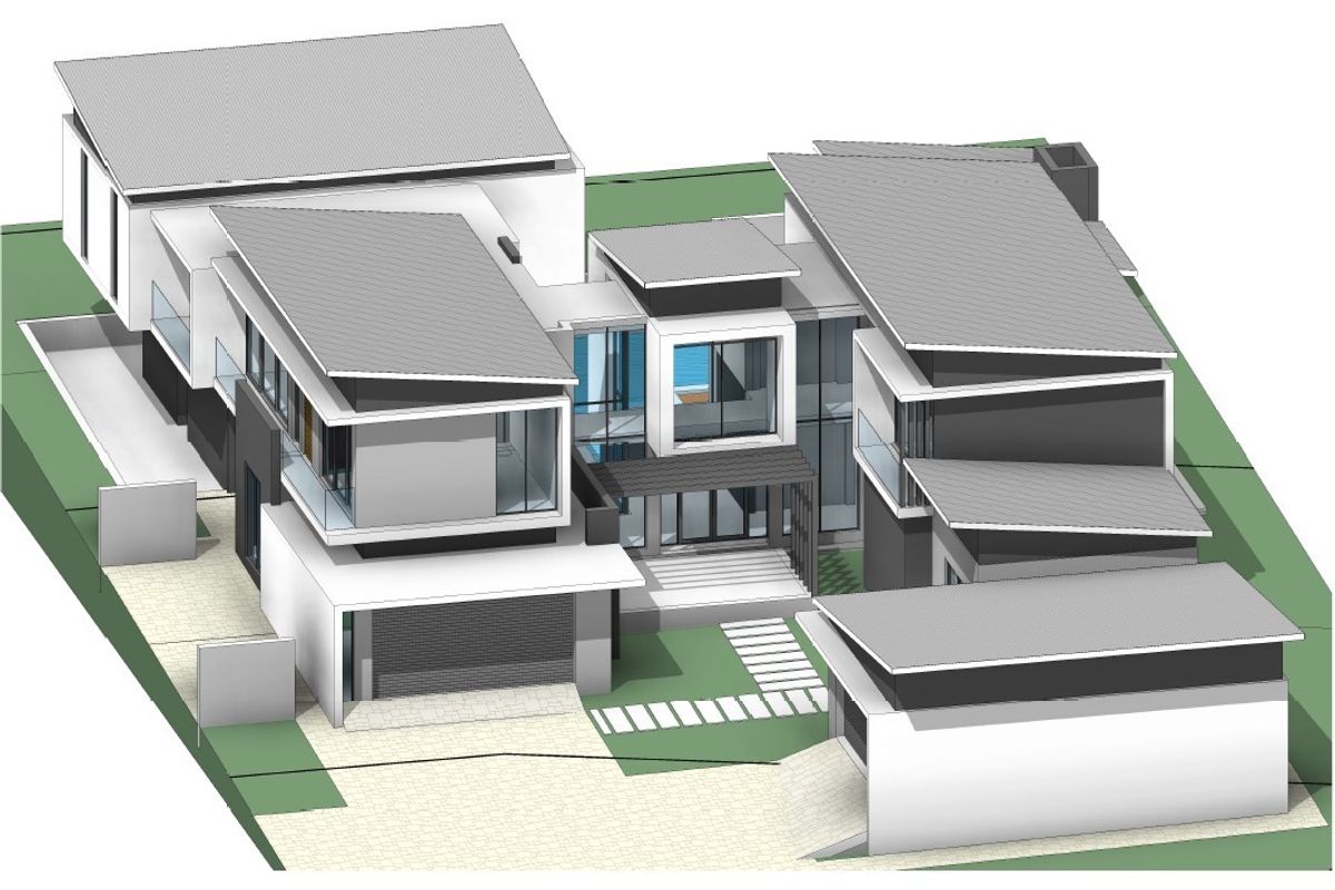A 3D architectural rendering of a modern multi-level residential property featuring a contemporary design, pitched roofs, and integrated garage space.